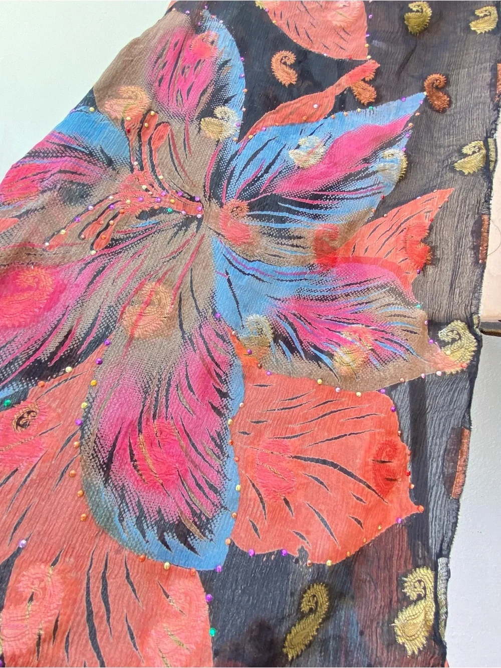 Whimsy 100% Silk Black Multicolor Floral Paisley Embroidered Rhinestone Shawl